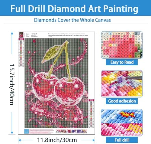 TYPUSOK Cherry Diamond Art Kits for Adults,Round Full Drill 5D Diamond Painting Kits for Beginners,Cherry DIY Diamond Dots Pictures Gem Art Kit,Home Wall Decor 12x16in