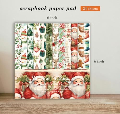 Christmas Scrapbook Paper Pad 6''x 6'' - 24 Sheets Santa Claus Snowman Patterned Designed Decorative Decoupage Folded Card Material DIY Crafts Wrapping Planners Journals Photo Album