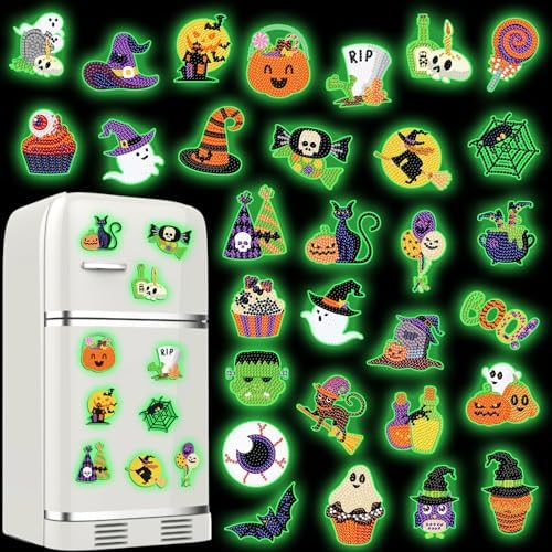 Motipuns 30 Pcs Halloween Diamond Art Magnets Glow in the Dark Diamond Art