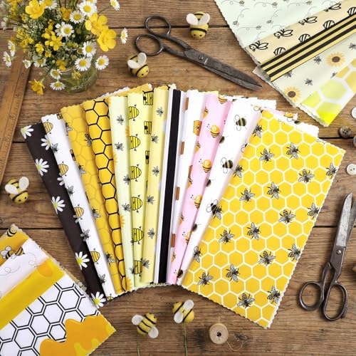 HunnmingRe 20 Pcs 10''x10'' Bee Sunflower Quilting Fabric Squares
