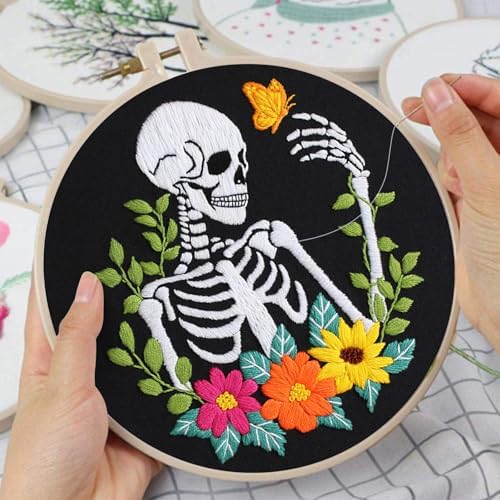 Louise Maelys Halloween Embroidery Kit Canvas Tote Bag, Skull Floral