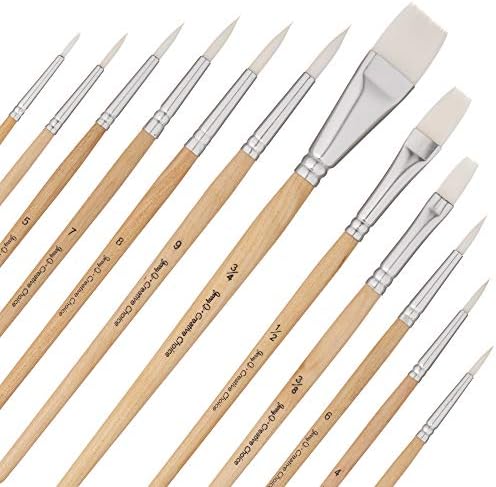 Jerry Q Art 12 PC White Synthetic Hair Round and Flat Paint Brush Set with Short Wood Handle for Acrylic, Watercolor and All Media JQ17931