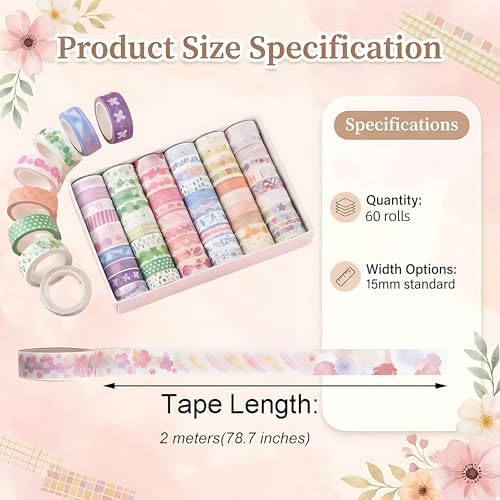 60 Rolls Washi Tape Set, 15mm, Colorful Craft Tape for Junk Journal Scrapbook, Bullet Journaling Scrapbooking Supplies, Planner Sticker DIY Craft Decor