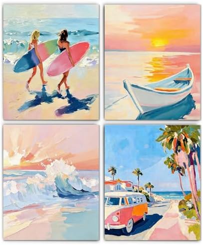 XUNLURY Pastel Ocean Beach Diamond Art Kits 4 Pcs, Summer Beach Surfer Girls Sunset Diamond Painting Kits for Adults Beginners, Full Drill Diamonds Dots for Home Decor, 9.8x11.8 Inch