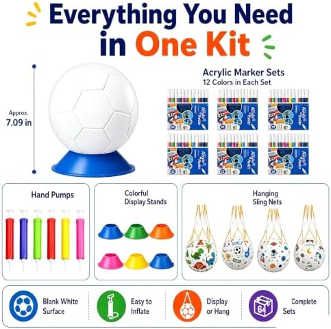 24 Set Paint Your Own Soccer Ball Kit, Blank White Inflatable Soccer Balls with Acrylic Markers, Pumps, Display Stands and Hanging Nets, DIY Soccer Ball Craft Set for Team Events and Party Activities