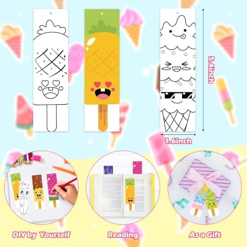 72Pcs Ice Cream Color Your Own Bookmarks, Coloring Blank Bookmarks for Kids