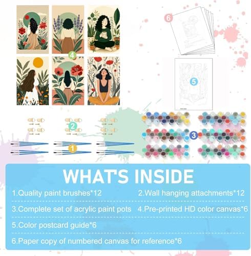 Pixendra 6 Pack Girl Flower Paint by Numbers Kit for Adults Beginner,Easy Paint by Number on Canvas for Women,Acrylic Oil Watercolor Painting kit Arts and Crafts for Room Wall Decor (8x12 inch)