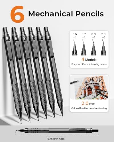 STAGEEK 30Pcs Black Metal Mechanical Pencil Set with Leather Case | 6PCS Art Drafting Pencils, 0.5, 0.7, 0.9, 2.0MM Mechanical Drawing Pencils with 300PCS(6B/4B/2B/HB/2H/4H/Colors)Lead Refills