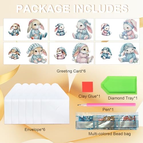 6pcs Diamond Art Painting Kit Greeting Card with Dress Bunny 5D DIY Diamond Handmade Holiday Greeting Card with Envelope, Holiday Gift Congratulation