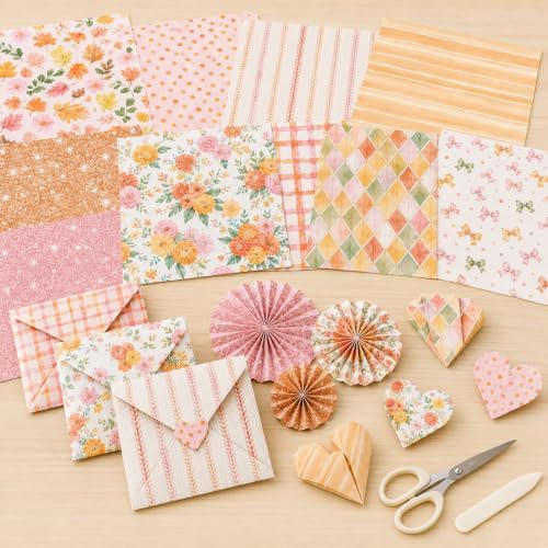 24 Sheets Orange Floral Scrapbook Paper, 12x12 Double Sided Craft Paper Pad