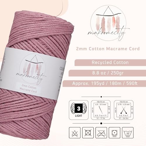 Makromecity, Cotton Macrame Cord 2mm x 195 Yards (590 feet) 2mm Recycled Cotton Crochet Yarn for Macrame Art & Crafts for Wall Hangings, Bags, Underplate, Rug (25 Colors Available) (Dusty Rose)