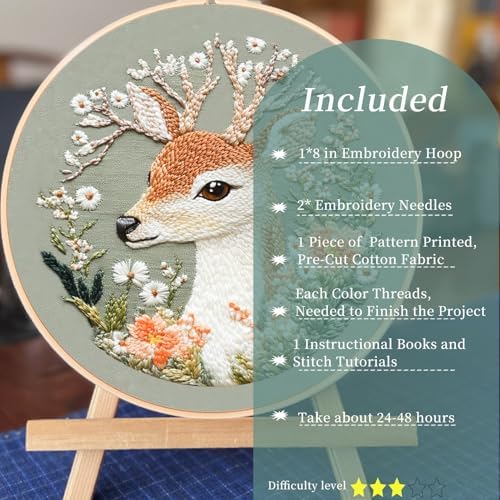 FONNUY Printed Deer and Floral Embroidery Kit with Hoop, Cross Stitch Kits for Beginners, Handmade Crafts, Easy to Follow Color Thread Needlework, 8'' Hoop (Floral Whispers Deer Listening)