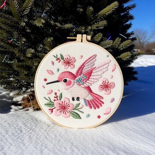 JJFox Embroidery Kit for Beginners and Adults, DIY Hand Embroidery Starter Kit with Cute Pattern, Cross Stitch Needlepoint Set with Hoop, Threads and Instructions (Hummingbird)