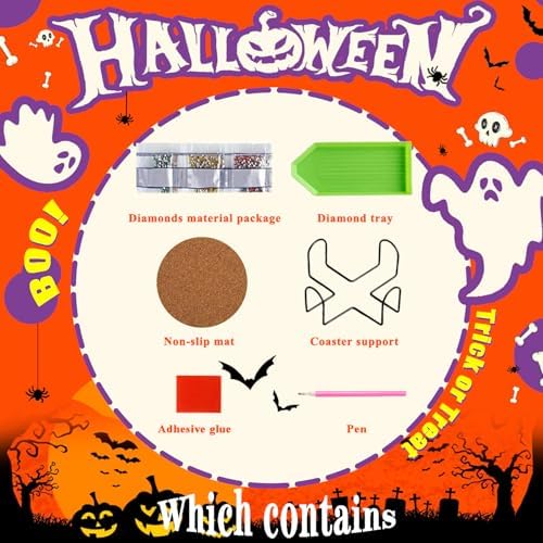 Leatrice 8 PCS Halloween Diamond Art Coasters Set with Holder 4 in