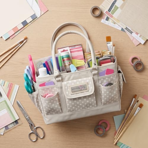 Everything Mary Deluxe Store & Tote Organizer – Tan Dot Craft Tote with Handle – Art Supply Caddy for Sewing, Scrapbooking, DIY Projects & Creative Tool Storage