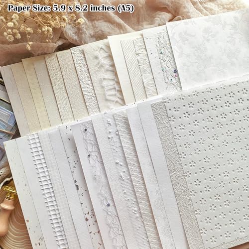 30 Sheets A5 Cream White Textured Scrapbook Paper & Mesh Fabric Set