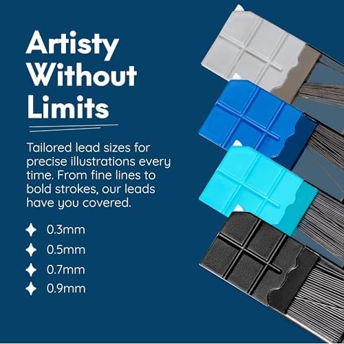 Mozart Essential Set of Lead Refills - 4 Sizes: 0.3, 0.5, 0.7 & 0.9 mm with 100 HB Lead Refills for Each - for Sketch, Architecture, Drafting, Art, Drawing Supplies, Metal Mechanical Pencils