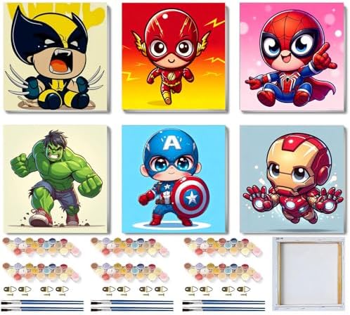 CraftyTime 6 Pack Framed Paint by Numbers Kit for Kids- Cartoon Painting Kits for Kids Ages 4-8-12, Cartoon Easy Paint by Numbers with Frame 8x8 Inch