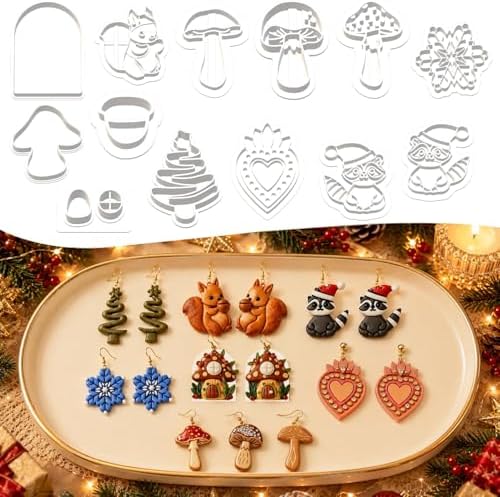 13 Pcs Holiday & Woodland Polymer Clay Cutters Set - Mushroom, Snowflake, Christmas Tree & Animal Shaped Clay Cutters for Polymer Clay Jewelry Making, Perfect Christmas & Animal Lover Gift