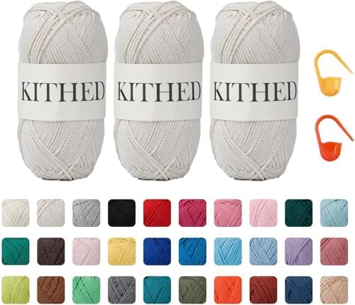 Cotton Chainette Yarn,4 Medium (Worsted)-10oz,3 Pack,Knitting Yarn for Beginners,Thicker for Crocheting and Knitting (02 Beige)
