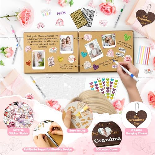 CY2SIDE Best Grandma Ever Album Scrapbook - Mother’s Day Wooden Scrapbook Craft Kit, DIY Photo Memories Book with 30 Pages Birthday Gift for Mother’s Day, DIY Handmade Scrapbook Gift for Grandmother