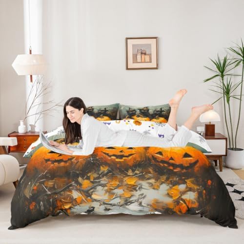 Erosebridal Halloween Black Cat Duvet Cover Full Size Witch Hat Pumpkin Bedding Set for Kids Boys Girls Horror Halloween Comforter Cover Vintage Oil Painting Bedclothes Room Decor