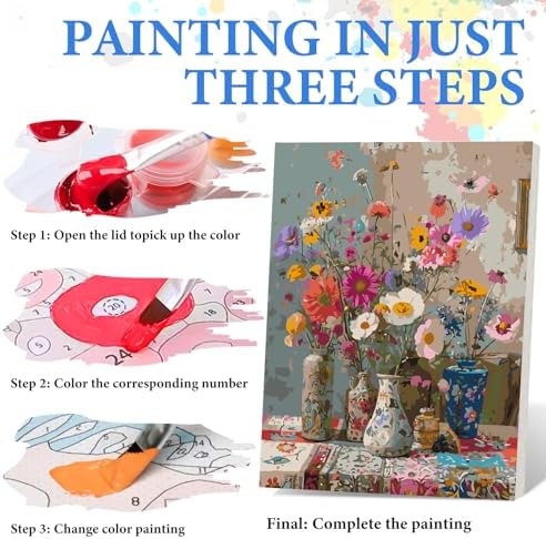 PRASIO Framed Paint by Numbers Kit for Adults Beginner, Vintage Flowers Adult Paint by Number Kits on Canvas Framed, DIY Acrylic Watercolor Oil Paint by Numbers with Frame for Home Decor 16x20 Inch