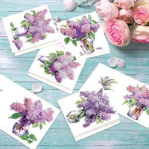 C'eitura Diamond Art Painting Greeting Cards 12 Pack DIY 5D Lilac Daisy Floral Rhinestone Mosaic Folded Cards, Handmade Craft Gift Adults Women Birthday Mothers Day