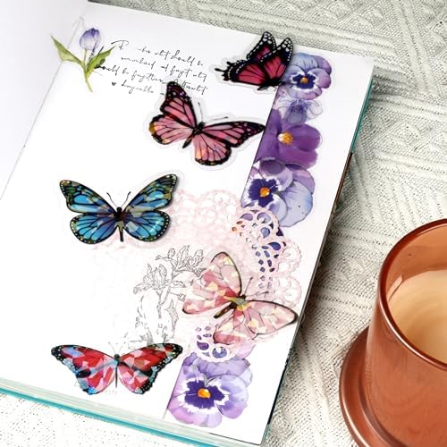 100 Pcs Holographic Butterfly Stickers, 4-Color Iridescent Transparent Vinyl Stickers for Water Bottles, Scrapbooking Supplies Journaling Laptop Decals, Waterproof Cute Bulk Pack for Adults