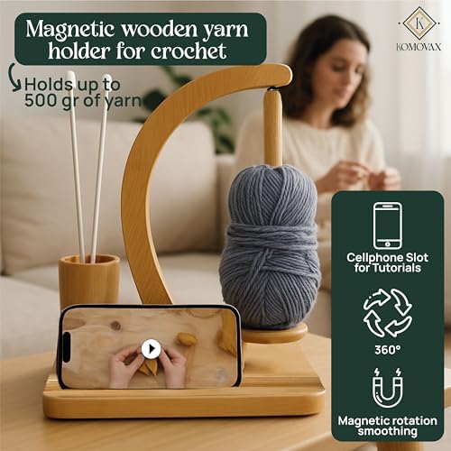 KOMOVAX Wooden Yarn Holder with Sewing Kit & Crochet Ring – Portable Yarn Spinner for Crocheting, Knitting & Yarn Organization – Magnetic Yarn Holder & Yarn Ball Stand – Perfect Gift for Crafters