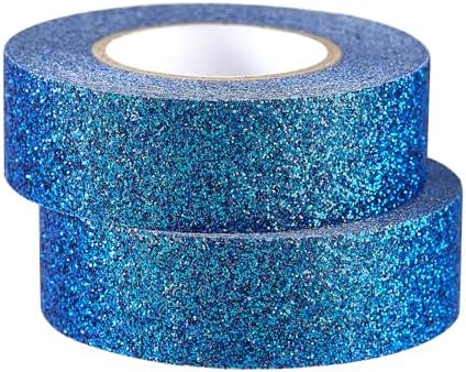 Blue Glitter Washi Tape 2 Rolls, Sparkle Decorative Tape for DIY Crafts Scrapbooking Journaling, Sticky Colored Masking Tape for Art, Wall Decor Gift Wrapping (0.6in x 11Yard)