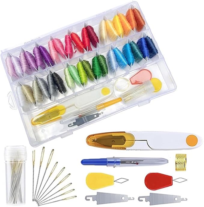 Huacan 36 Colors Embroidery Thread Kit Full Starter Tools with Storage Box