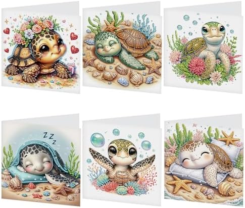 antor 6 pcs Diamond Art Painting Greeting Card Kits, Animal Cute Turtle Design Irregular Shapes Diamond Art Fine Glitter Greeting Cards with Envelopes, Clay Glue, Pen, and Bead Bag for Creative Gifts