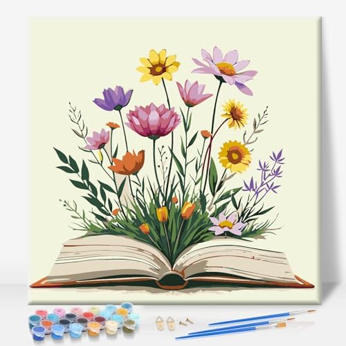 Camocin Framed Paint by Numbers Kit for Adults Beginner - Book and Wildflowers Paint by Number Canvas with Frame, Cottagecore DIY Acrylic Painting Kit for Book Lovers Home Wall Decor 12x12 Inch