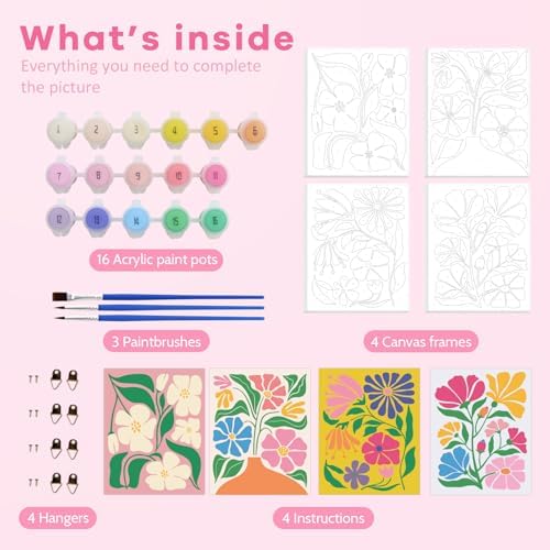 goldentime 4 Pack Framed Paint by Numbers Kit for Adults Beginner & Kids | Flowers Easy Adult Paint by Number Kits on Canvas with Frame | 8x10 Inch Floral Canvas Painting for Home Décor Gift