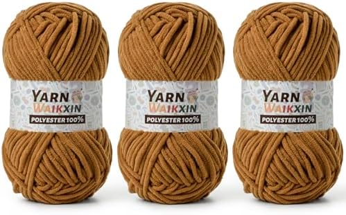 3 Pack Soft Chenille Yarn for Crocheting, Fluffy Chunky Crochet Yarn for Baby Blanket, (5.29oz/196.8yds) Fuzzy Velvet Yarn for Amigurumi&DIY Puzzle、Crafts、Scarf(3 Light Tan)