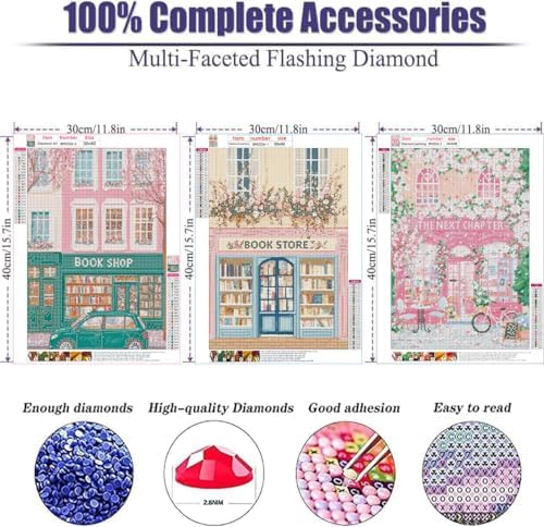 3 Pack Bookstore Diamond Art Kits for Adults, 5D DIY Pink Book Shop Diamond Painting Kits for Beginner, Diamond Dots Full Drill Crafts for Gem Art for Adults Home Wall Decor for Boys Girls 12x16 inch