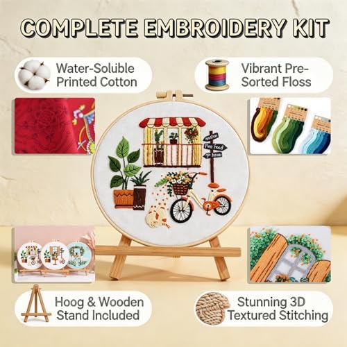 Qupace 3 Pcs Beginner Embroidery Kits for Adults - Garden Balcony Scene Pattern Cross Stitch, Green Themed Needlework Sewing Craft Kit,Farmhouse Kits