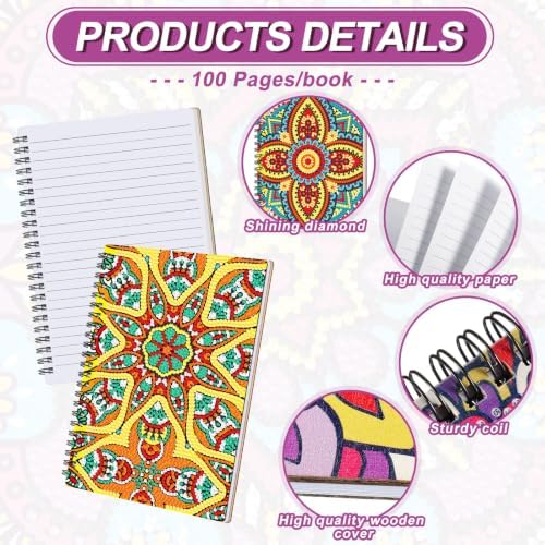 Fullhawl 12 Pack 5D DIY Diamond Art Crafts Kit for Adults Office Supplies Beginner A5 Leather Diamond Painting Gift for Women Art Cover Craft Accessories with Tool (Mandala)