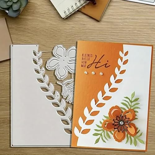 Scrapbooking Die-Cuts, Layer Frame Net Set Metal Cutting Dies for Card Making, Paper Craft Template, Background Embossing Stencils, DIY Album Décor (Leaf Border Frame and Flower-14x11.5cm)