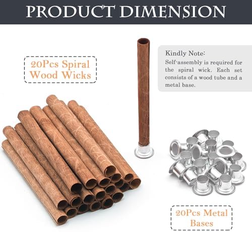 20 Set Wood Spiral Candle Wicks 4x0.32inch / 100x8mm, Wood Wick Tube with Iron Stands for Candle Making, Natural Round Wooden Wick Core Handmade Candles Supplies