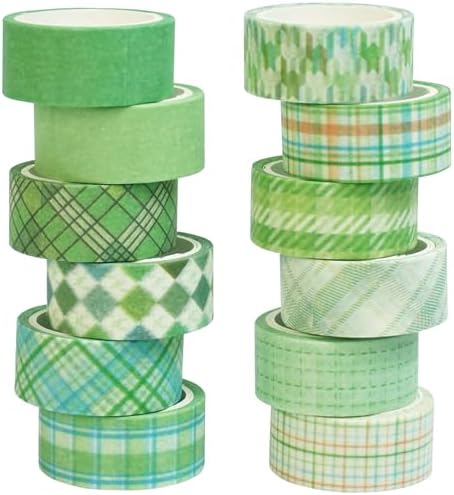 Basic Grid Washi Tape Set 12 Rolls Plaid Decorative Masking Tapes for Arts, DIY Crafts, Journals, Planners, Scrapbook, Wrapping (Green)