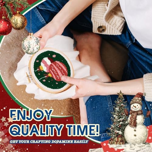 yuegool 2PCS Christmas Punch Needle Decoration Kit,Easy DIY Punch Needle Embroidery Kit for Beginners Adults Kids Including Patterns, Tools, Yarns, Hoop, Instruction, Bracket Art Craft Supplies