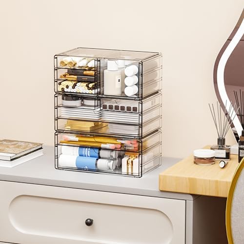 Yieach 3 Pack Clear Storage Drawers With 10 Drawers,Stackable 11.1” Large Acrylic Drawer Organizer and Makeup Organizer For Vanity,Bathroom Countertop,Cabinet,Pantry,Office Supply Storage Bins Drawers