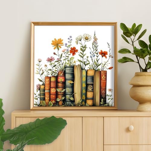Camocin Framed Paint by Numbers Kit for Adults Beginner - Vintage Books and Wildflowers Paint by Number Canvas with Frame, Cottagecore DIY Acrylic Painting Kit for Book Lovers Home Decor 12x12 Inch