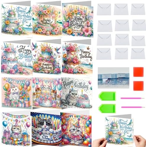 Zyvoreva 12 PCS Diamond Art Greeting Cards with Envelopes, Diamond Painting Greeting Cards Kit for Adults DIY Holiday (Blue)