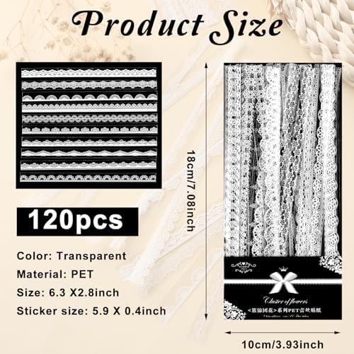 Prasacco 120 Pcs White Lace Scrapbook Stickers, Vintage Style, PET Material, Perfect for Scrapbooking, Wedding Invitations, Journals & More