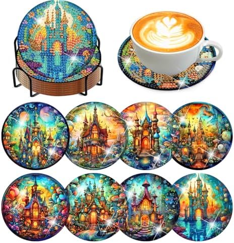 8 Pcs Diamond Art Coaster Kit for Adult with Holder, Diamond Coasters 4x4in