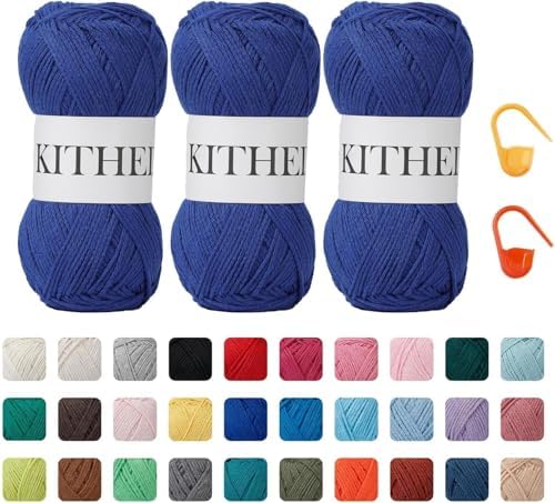 Cotton Chainette Yarn,4 Medium (Worsted)-10oz,3 Pack,Knitting Yarn for Beginners,Thicker for Crocheting and Knitting (24 Sapphire Blue)