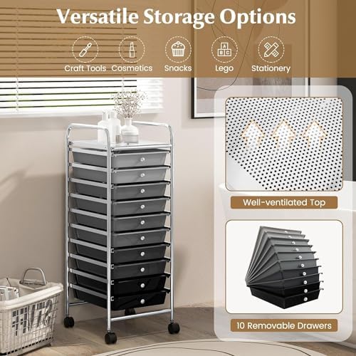 Storage Cart, Rolling Utility Cart with 10 Drawers, Portable Handles & Lockable Wheels, Mobile Paper Toys Storage Organizer Large Capacity for Home Office School Teacher (Gradient Black)